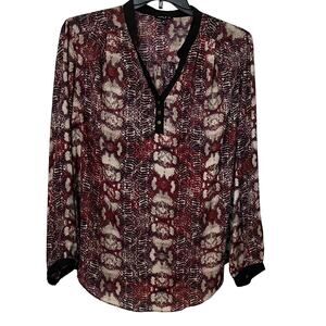 SAMI & JO LONG SLEEVE, V-NECK TUNIC BLOUSE, WOMANS, 2X, PURPLE RED TAN GEOMETRIC